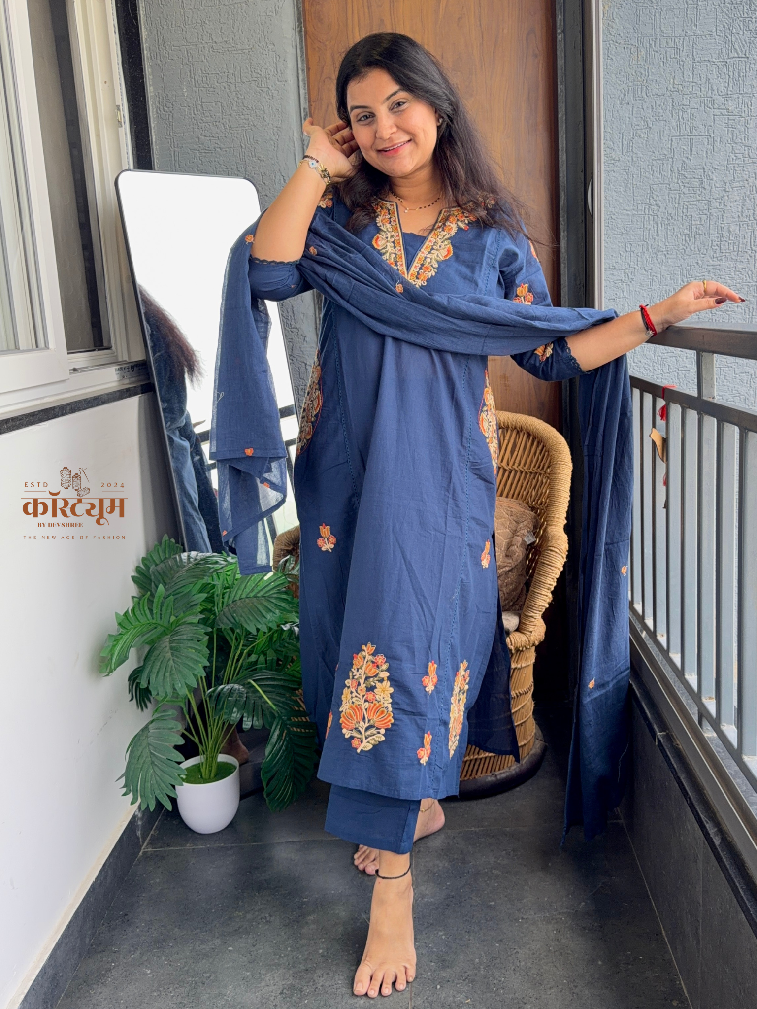 Midnight Blue Floral Embroidered| Suit Set