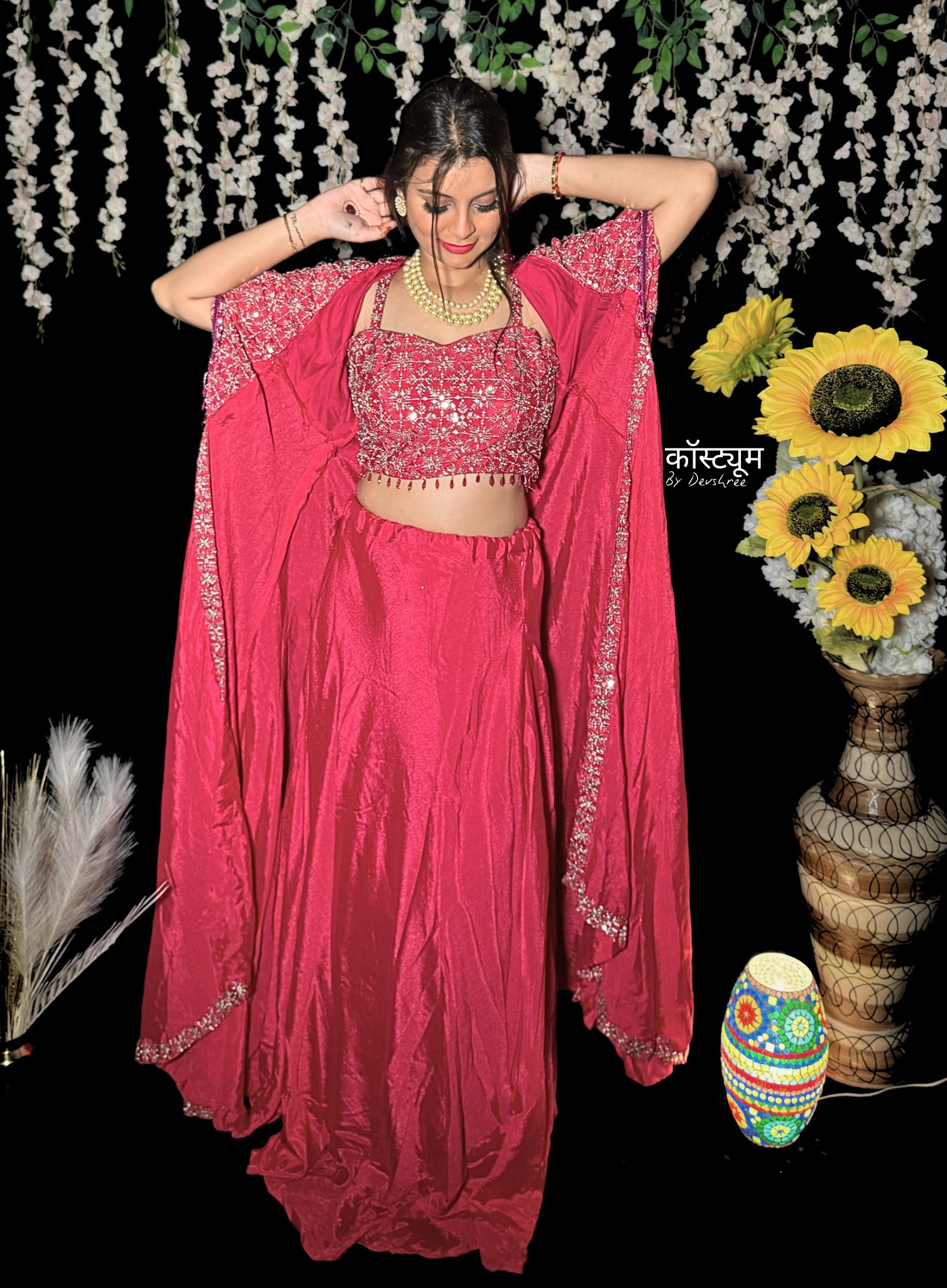 Hot pink crape with Lehenga and Bustier