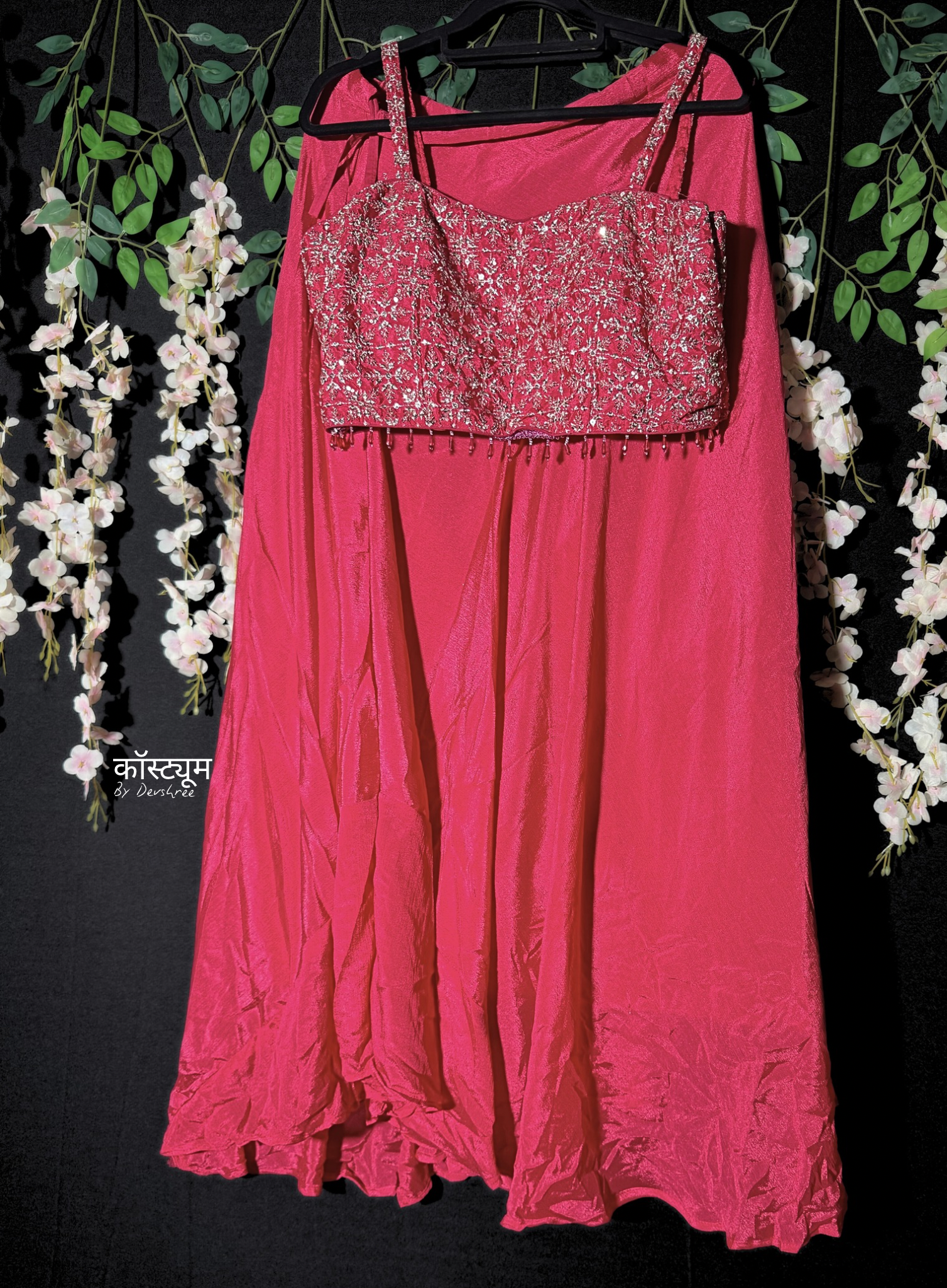 Hot pink crape with Lehenga and Bustier