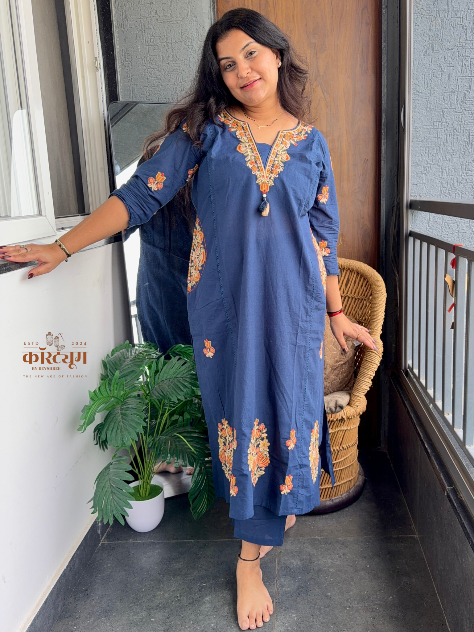 Midnight Blue Floral Embroidered Suit Set