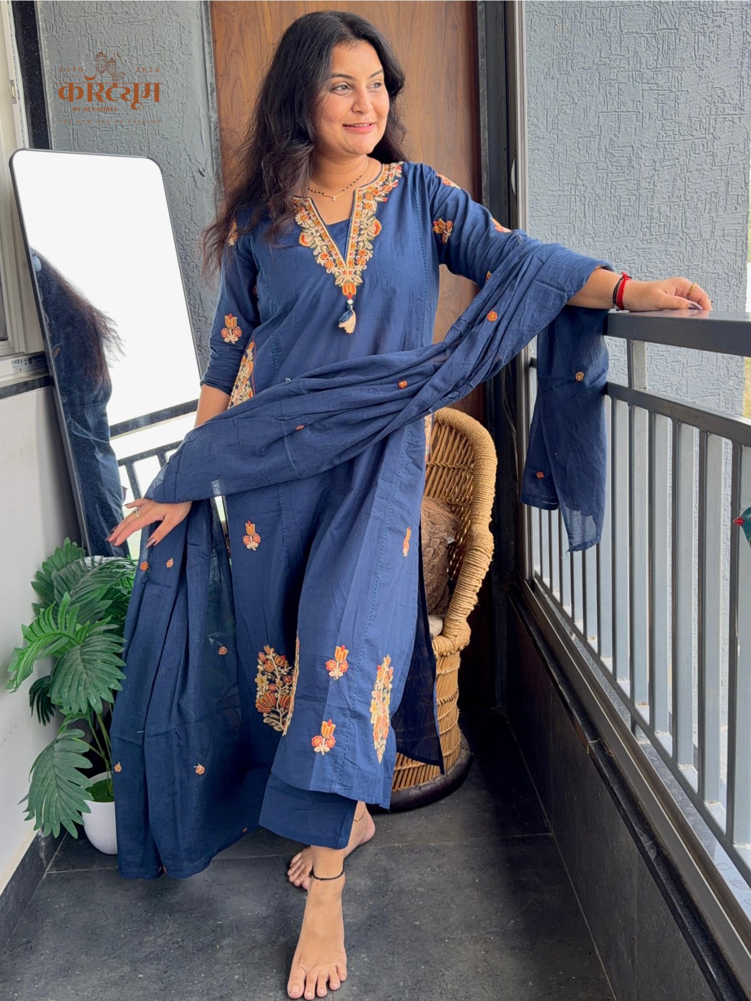 Midnight Blue Floral Embroidered Suit Set