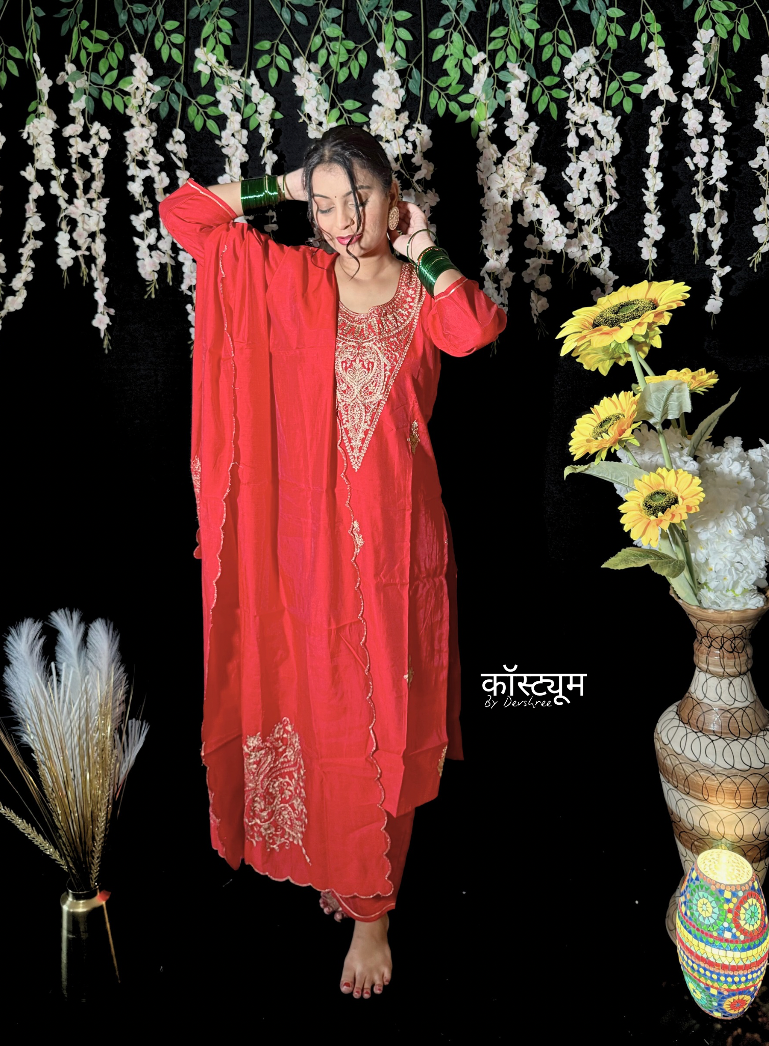 Brick red pure muslin suit set