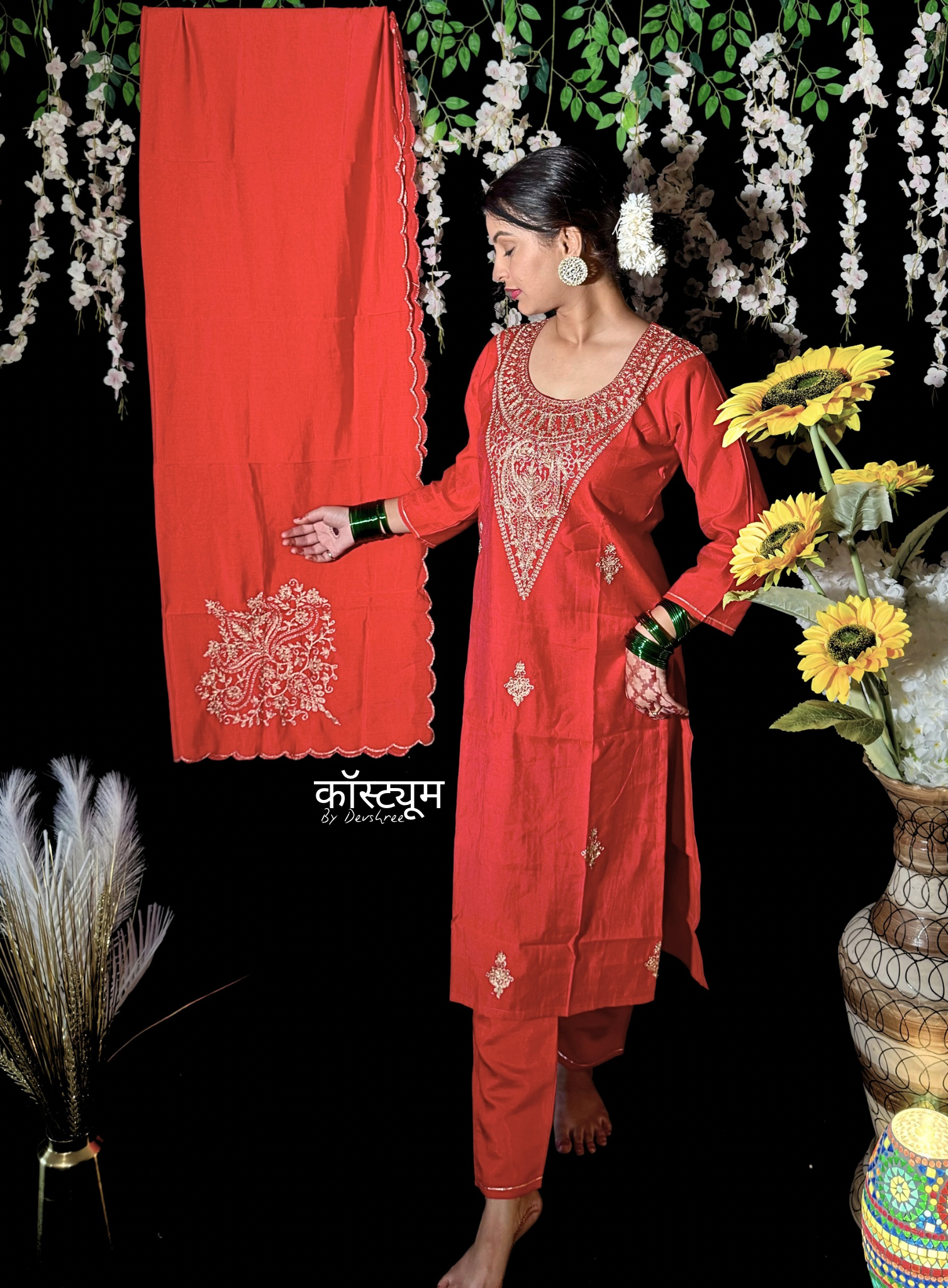 Brick red pure muslin suit set