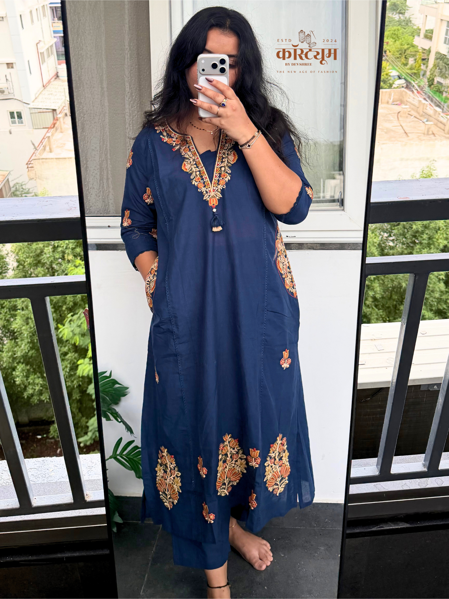 Midnight Blue Floral Embroidered Suit Set