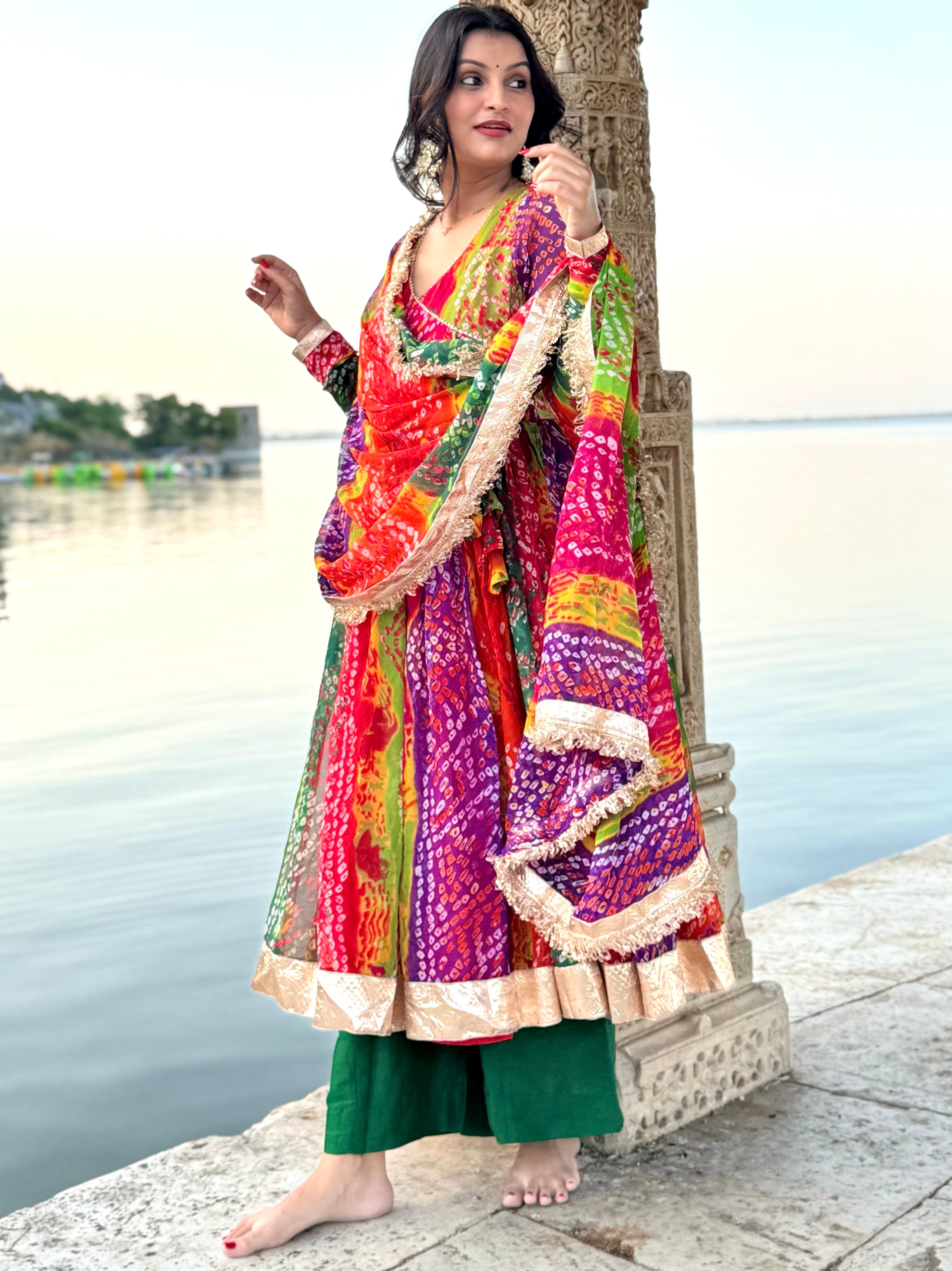MASAAK-kali Pachranga Bandhej Angrakha Suit Set