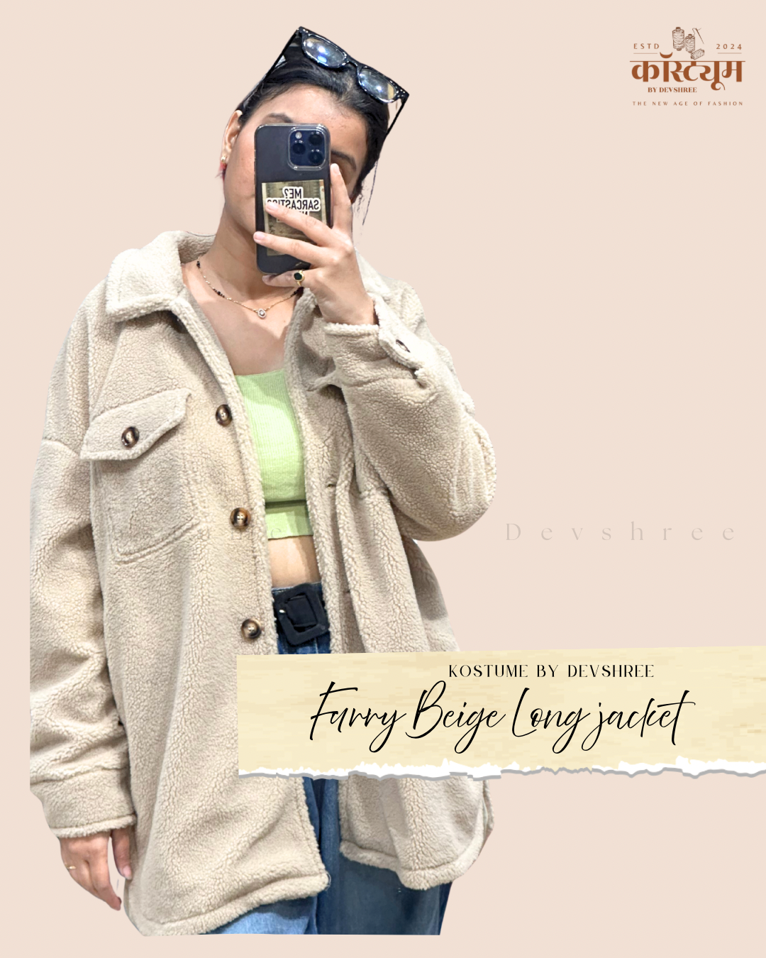Furry beige long winter jacket